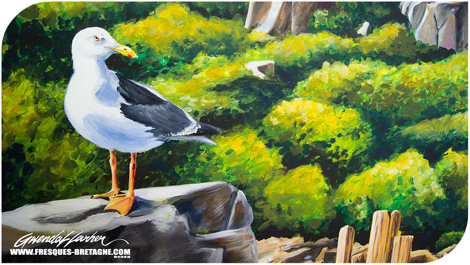 Détail fresque mouêtte rieuse-Goelan de Bretagne. Piscine privative en Bretagne- Paysage de l'île de Bréhat et moulin du Birlot