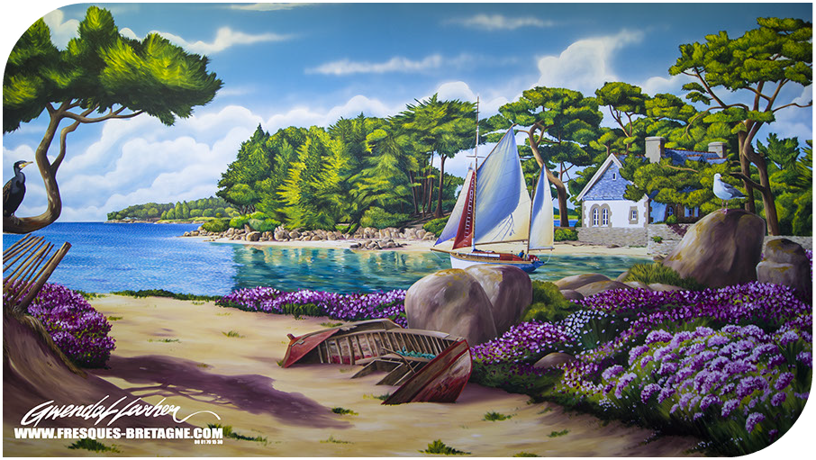 Aménagement,et décoration des abords d'une piscine intérieur avec une peinture en trompe-l’œil dans la commune de Guingamps dans les Côtes d'Arm