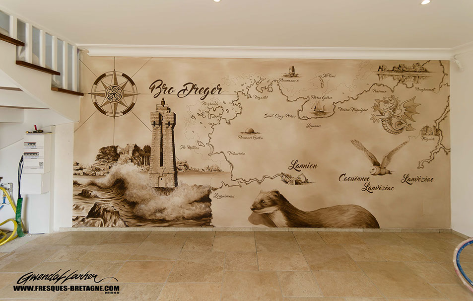 peinture murale carte maritime pays du trégor-bro dreger- illustartion phare de men ruz à perros-guirec