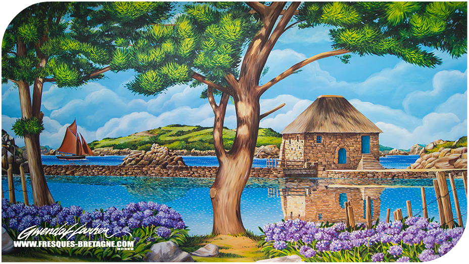 Détail peinture murale trompe-l'oeil pour la décoration d'une piscine privative en Bretagne- Paysage de l'île de Bréhat et moulin du Birlot