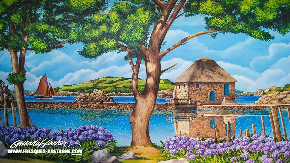 Fresque murale en trompe-l’œil - illustration et décoration peinte pour l'habillage d'une piscine à Pontrieux en Bretagne-Ile de bréhat