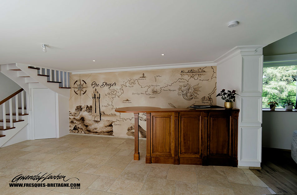 fresque-dessin- contemporain-design maison & villa- décoration personalisée d'un salon à Trégastel en Bretagne