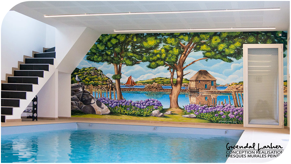 Fresque en trompe-l'oeil pour la décoration d'une piscine privative en Bretagne- Paysage de l'île de Bréhat et moulin du Birlot