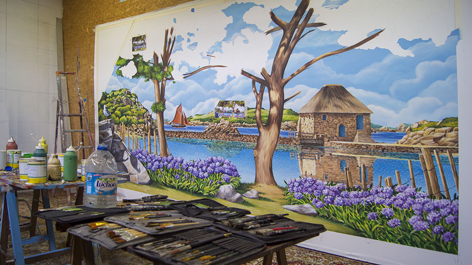 fresque murale moulin du Birlot île de Bréhat. réalisation sûr toile en atelier à Morlaix