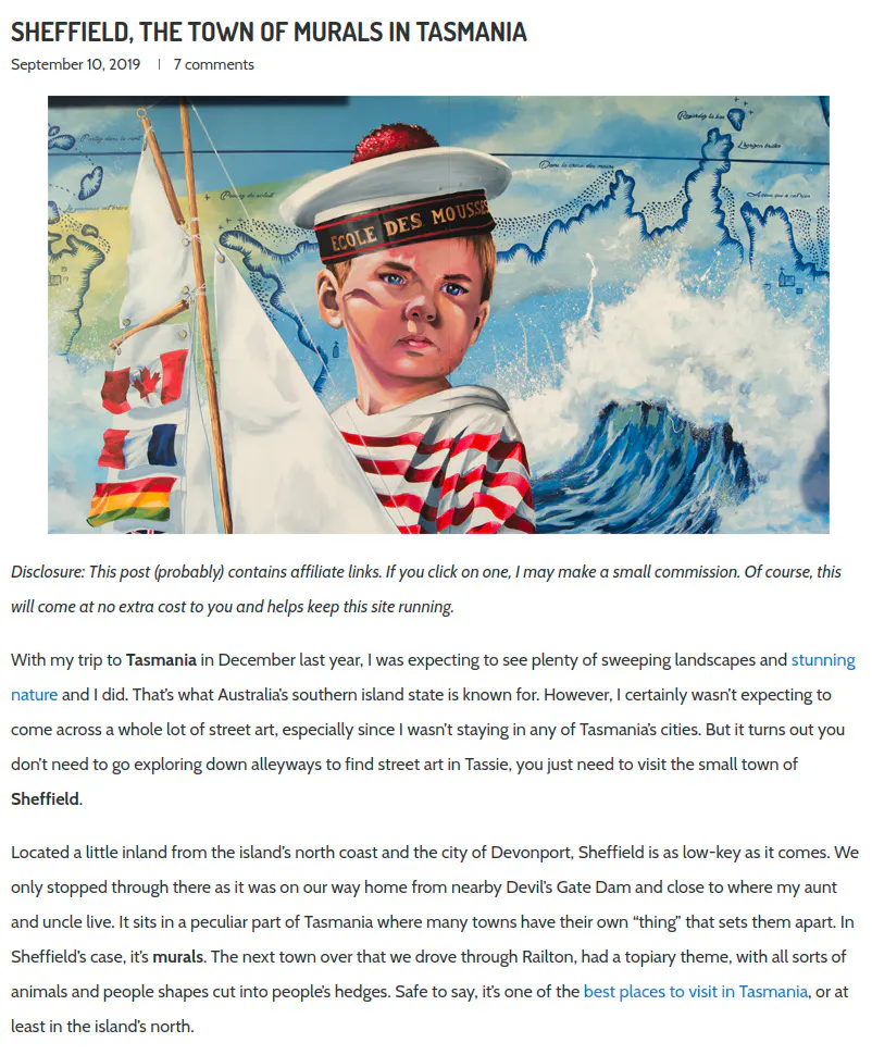 Article d'un blog australien, « Sheffield, the town of murals in Tasmania », publié le 10 septembre 2019, avec le gros plan de la fresque « I'll Journey Soon Around The World » de l'International Mural Fest