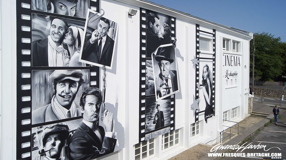 Fresque monumentale du 7 ième art, décoration et habillage des murs du cinéma associatif le Dauphin à Plouescat dans le Finistère