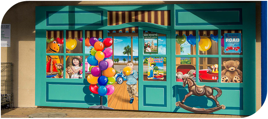 Fresque en trompe-l'oeil de style vintage represantant un magasin de Jouet