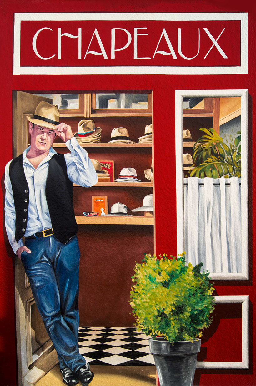 Le chapelier, magasin en trompe-l'oeil pour l'habillage de commerces vacants à Guerlesquin dans le Finistère