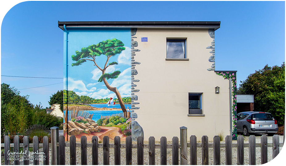 fresque murale trompe-l’œil e paysage naturel et pin maritime habillage de façade Plomeur Bodou