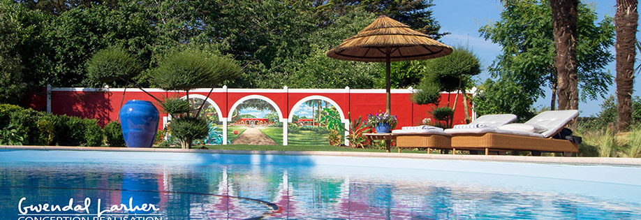 Fresque panoramique en trompe-l'oeil peinte pour la décoration d'un piscine privative à Quimper dans le Finistère. Gwendal Larher