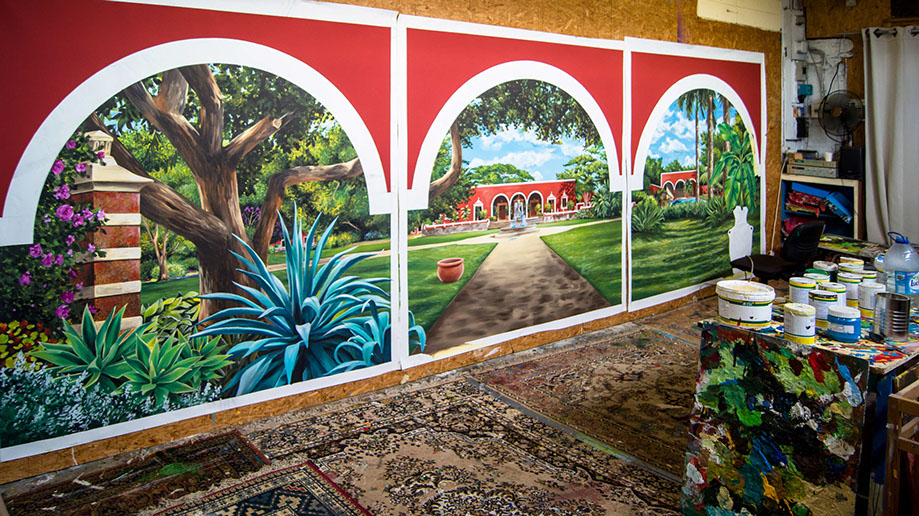 fresque-mexicaine-trompe-l'oeil pour habillage de mur de jardin avec piscineà Quimper dans le finistère-Bretagne