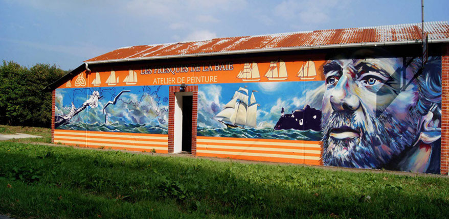 Fresque atelier gwendal larher, portrait street art de marin Breton Eric Tabarly port de Morlaix 