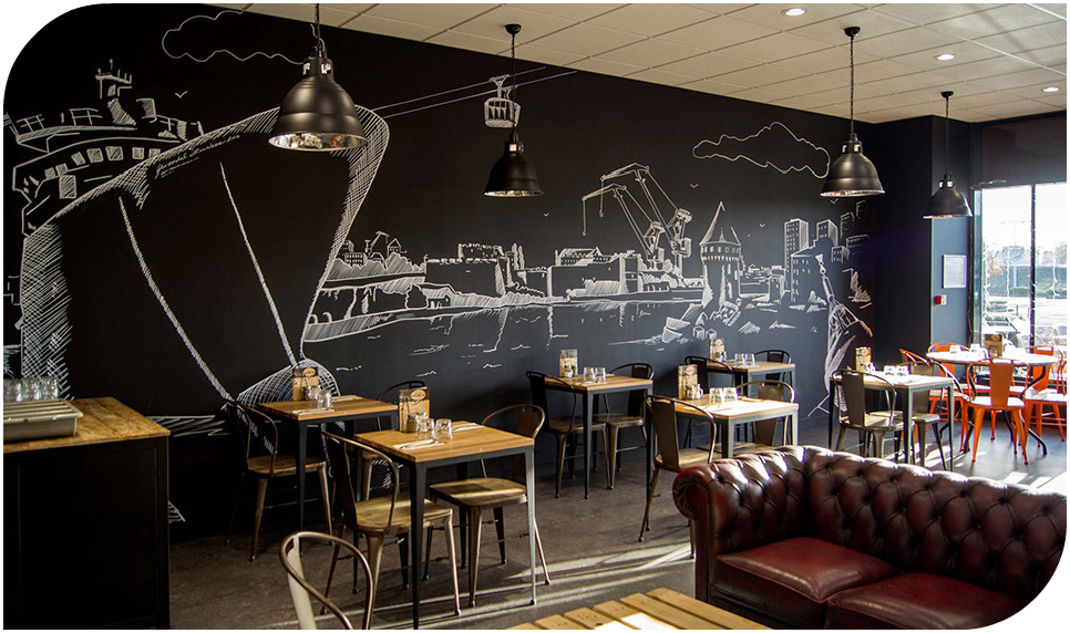 dessin murale en noir et blanc style décoration industriel. décoration et design pour habillage murale de restaurants en Bretagne
