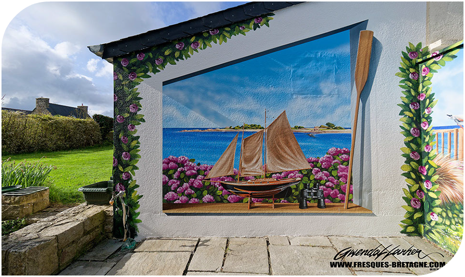 peinture murale paysage marin avec voiliers maison bord de mer Penvenan Bretagne