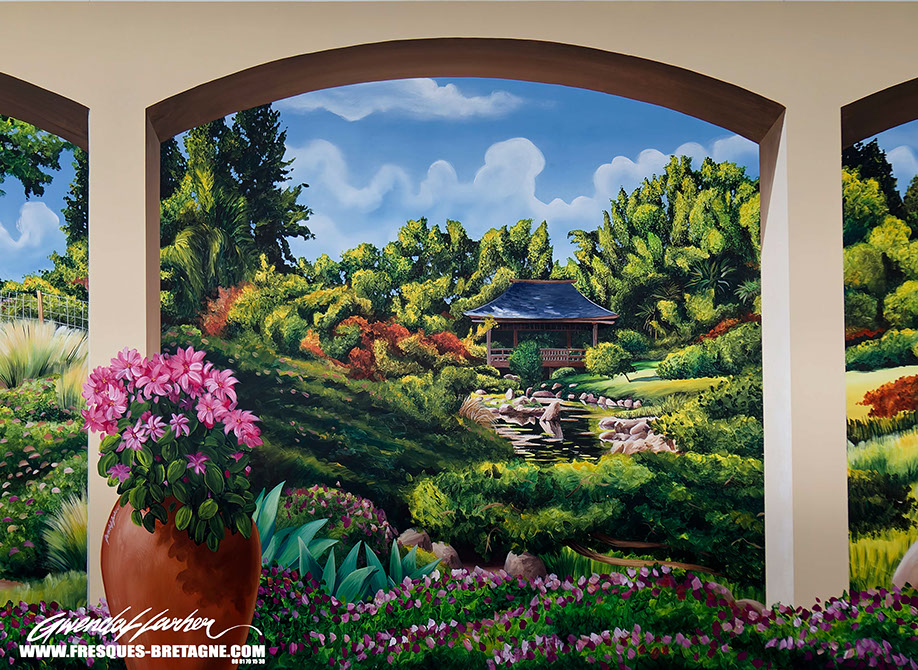 Détail de la peinture murale en trompe-l'œil, décoration de style jardin Japonnais , pour la décoration d'une piscine dans les côtes-d'armor 