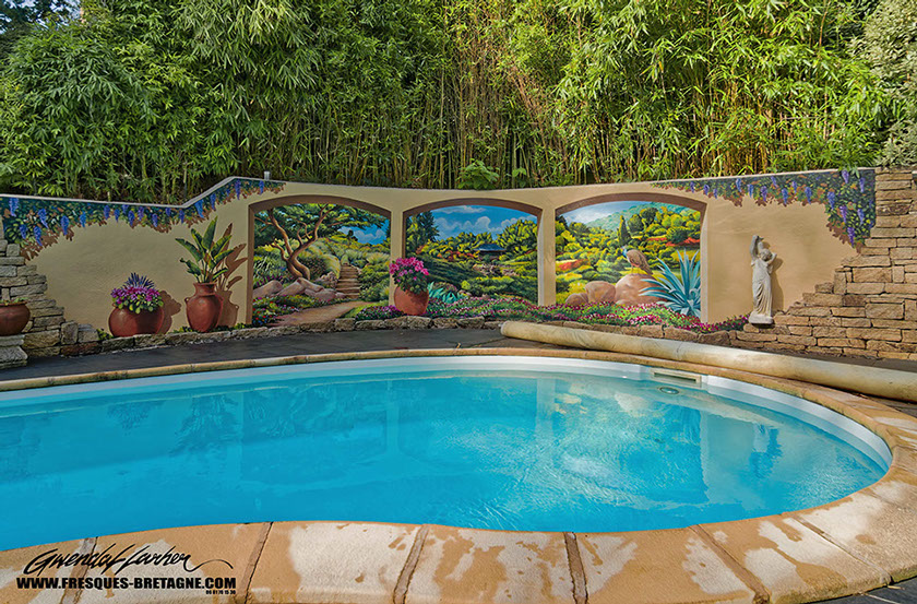 fresque murale en trompe-l'œi peinte pour l'aménagement extèrieur d'une piscine à Perros-Guirec dans les côtes d'armor en Bretagne