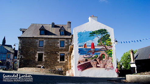 peinture murale urbaine maritime-représentant le patrimoine de Plestin-les-Grèves dans les Côtes-d'Armor-Bretagne nord