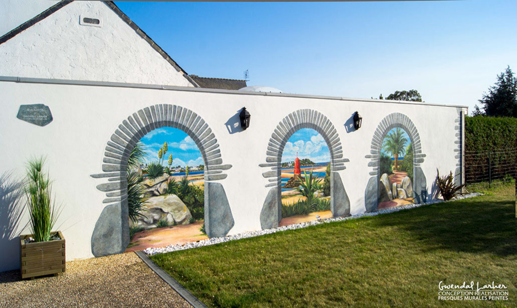 Fresque en trompe-l'oeil décoration d'un jardin à Perros-Guirec région de Lannion Morlaix Carantec