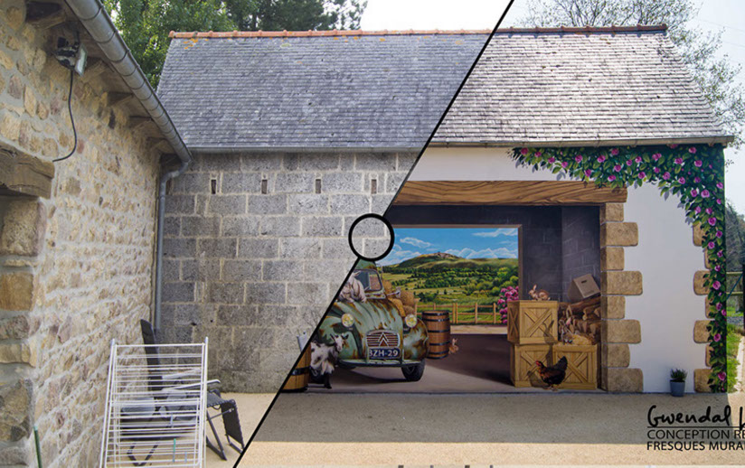 Fresque en trompe-l'oeil mur avant après Bretagne
