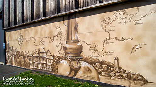 FRESQUE murale en trompe-l'oeil habillage&nbsp; des murs de l'entreprise warenghem à Lannion dans les côtes d'armor Distilleuse à Whisky