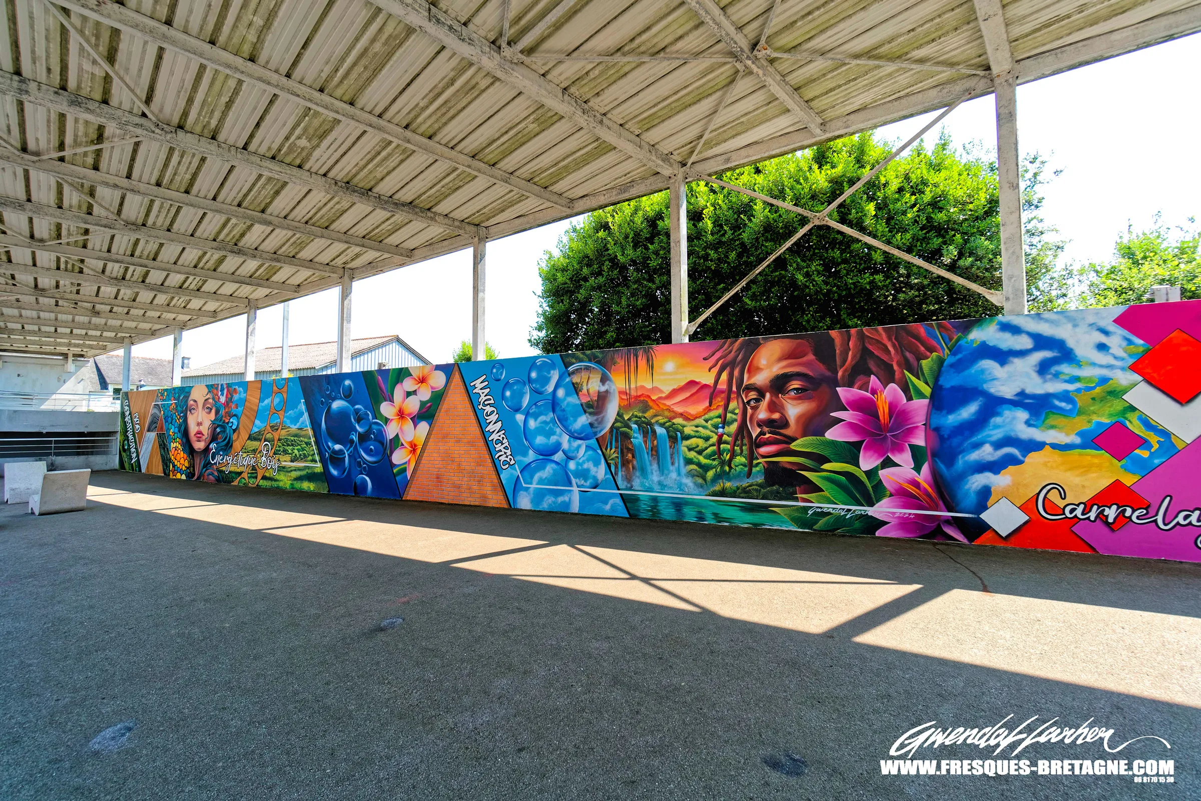 Fresque de street art monumentale lycée de Pleyben : portraits et paysages tropicaux