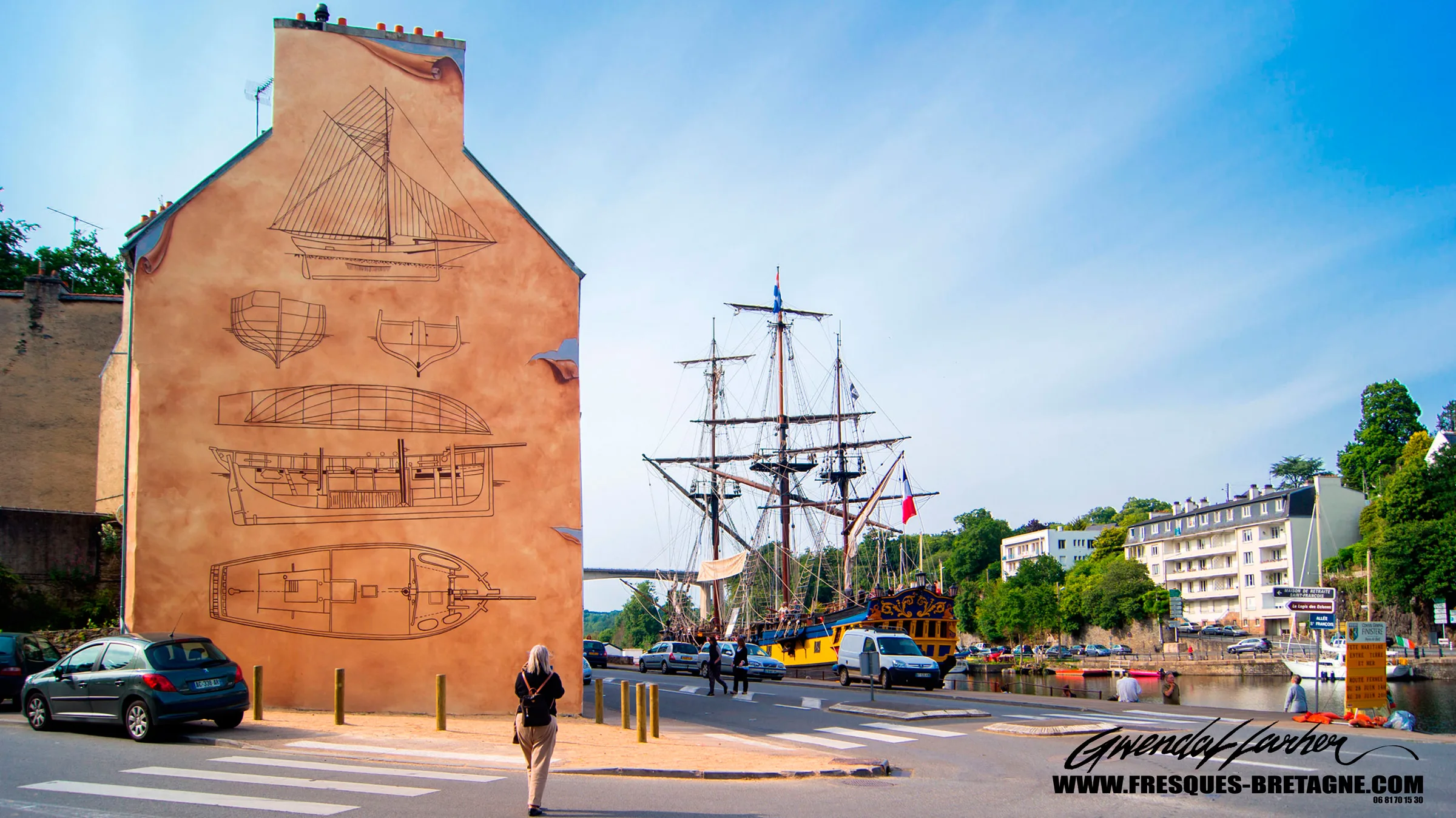 Plans de homardier, œuvre murale monumentale: graffiti historique sur le port de Morlaix