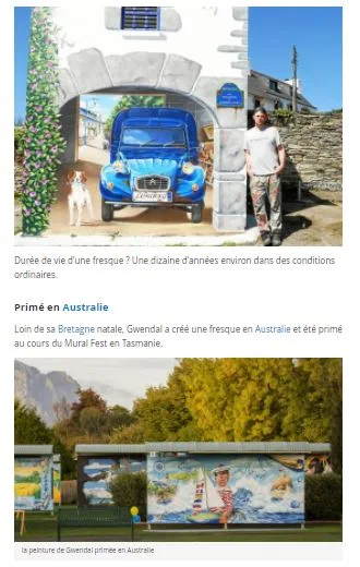 Extrait de l'article Bateaux Mag évoquant une fresque de Gwendal Larher primée en Australie, avec photo de l'artiste devant sa 2 CV peinte en trompe-l'œil.