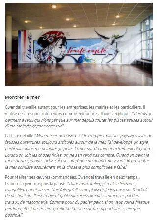 Passage de l'article Bateaux Mag montrant une fresque en trompe-l'œil dans un hall, où Gwendal Larher explique sa technique de peinture murale.