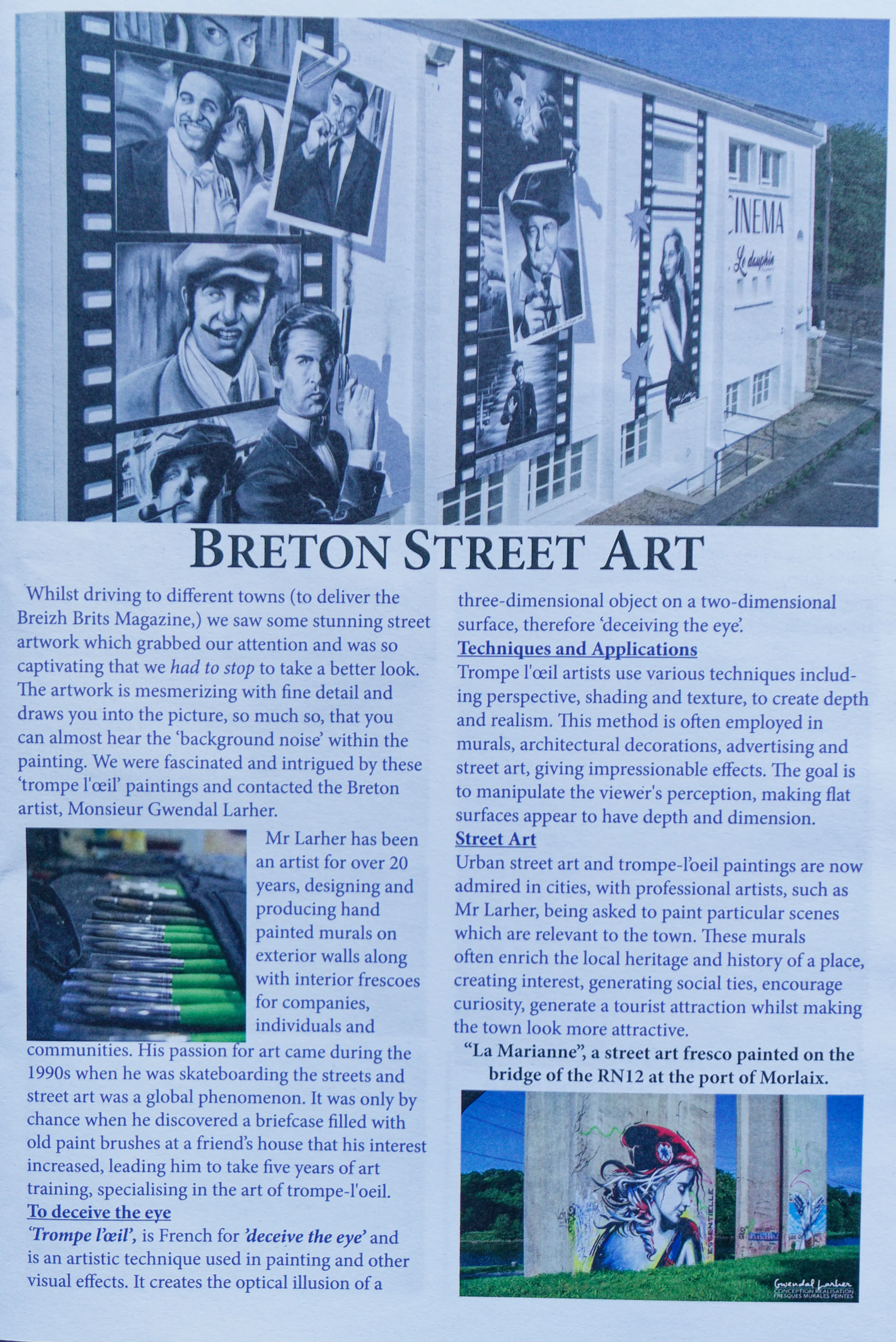 Page d'ouverture de l'article « Breton Street Art » du magazine Breizh Brits (mai 2026), consacré à Gwendal Larher et à la fresque du cinéma Le Dauphin à Guerlesquin.