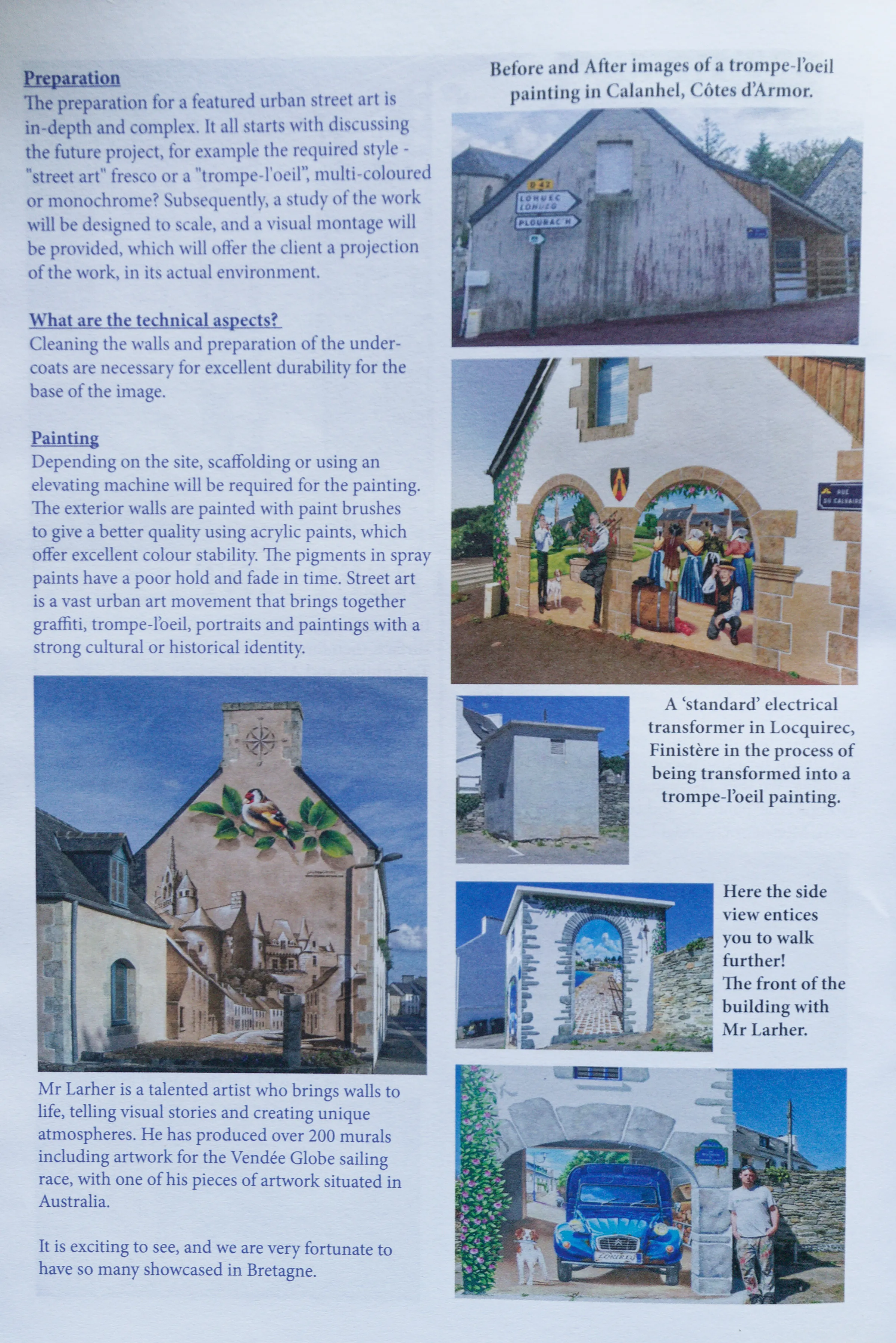 Suite de l'article « Breton Street Art » du magazine Breizh Brits (mai 2026) : préparation et peinture des fresques, avant/après d'un trompe-l'œil à Calanhel et d'un transformateur électrique à Locquirec peints par Gwendal Larher.