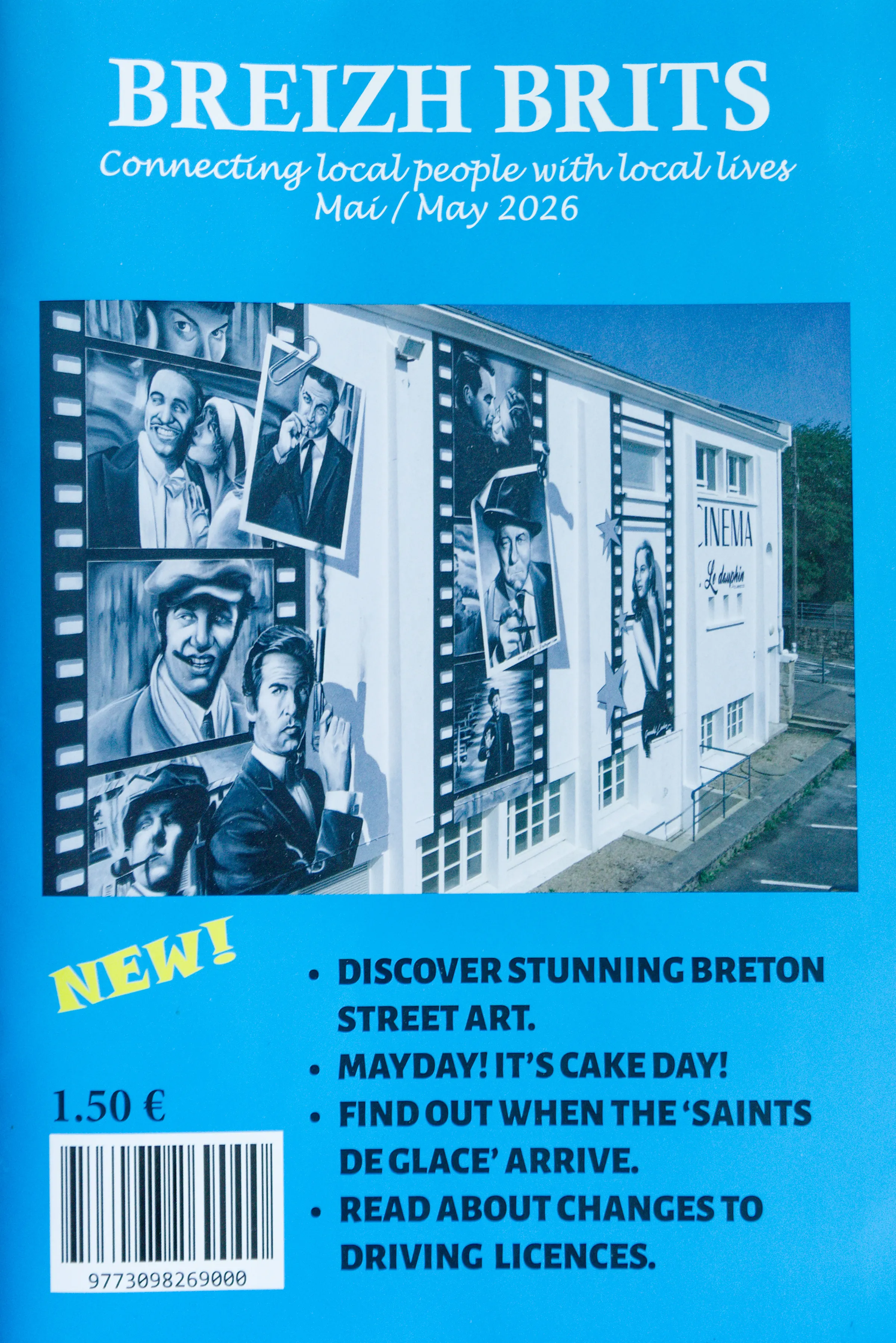 Couverture du magazine Breizh Brits de mai 2026, annonçant un article à venir sur le street art breton, illustrée par la fresque du cinéma Le Dauphin à Guerlesquin peinte par Gwendal Larher.