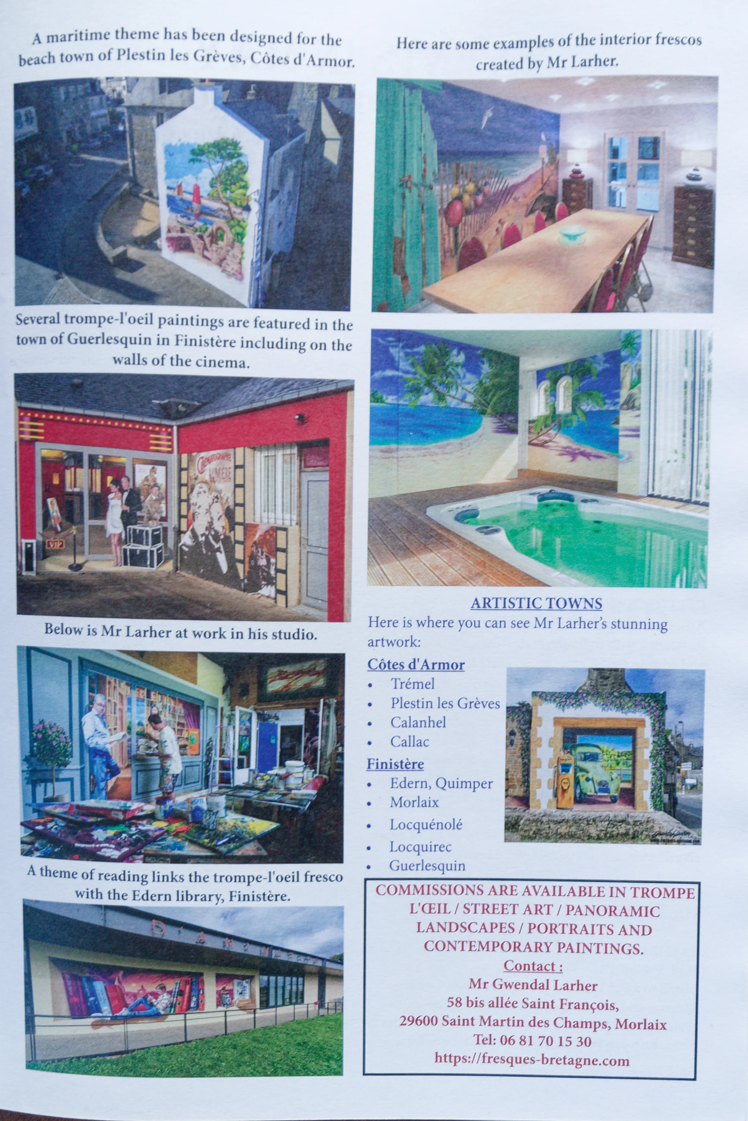Fin de l'article « Breton Street Art » du magazine Breizh Brits (mai 2026) : liste des villes artistiques bretonnes et coordonnées de Gwendal Larher.