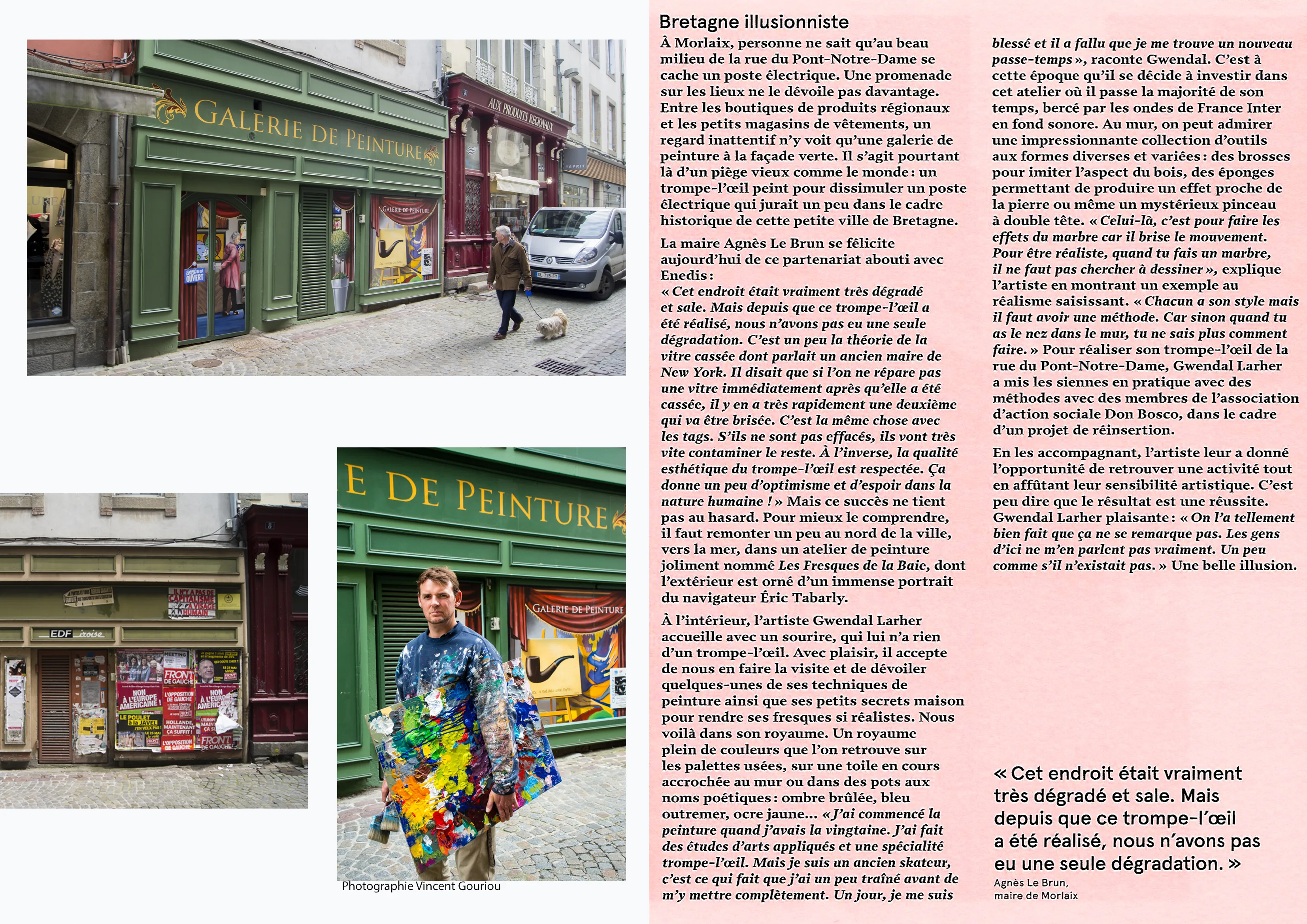 Article « Bretagne illusionniste » sur le trompe-l'œil de Gwendal Larher masquant un poste électrique rue du Pont-Notre-Dame à Morlaix, avec portrait de l'artiste.