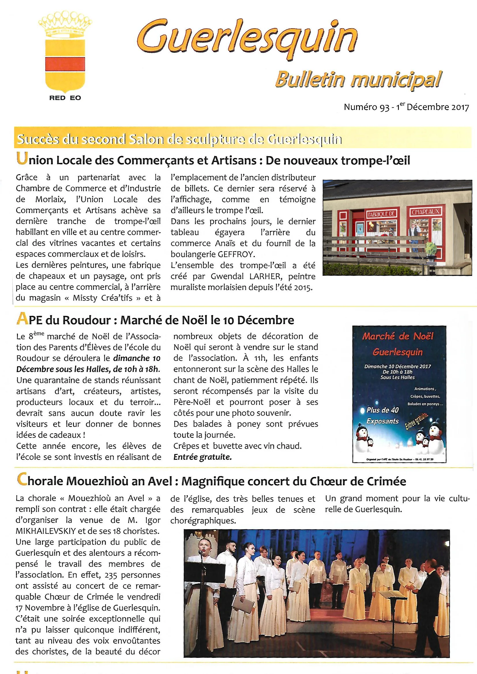 Bulletin municipal de Guerlesquin (décembre 2017) annonçant les derniers trompe-l'œil de Gwendal Larher, dont un trompe-l'œil de fabrique de chapeaux.