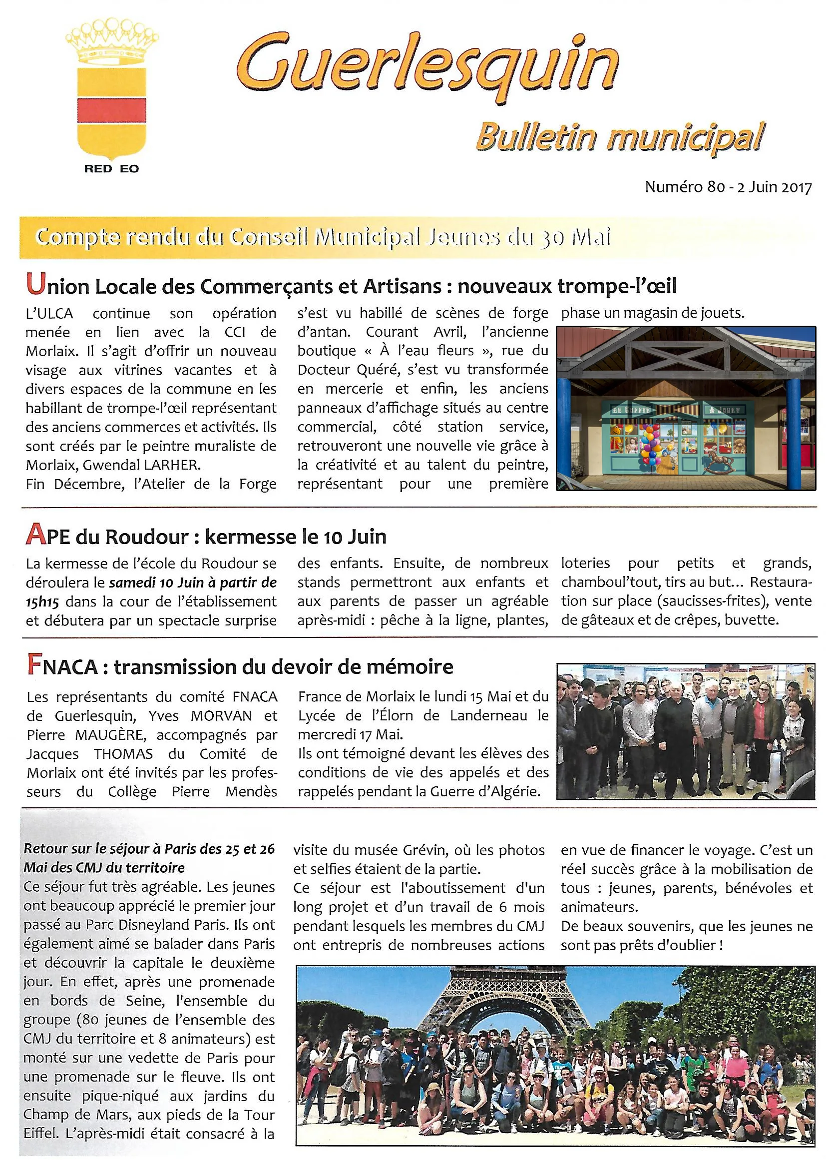 Bulletin municipal de Guerlesquin (juin 2017) sur les nouveaux trompe-l'œil de Gwendal Larher habillant les vitrines vacantes de la ville.