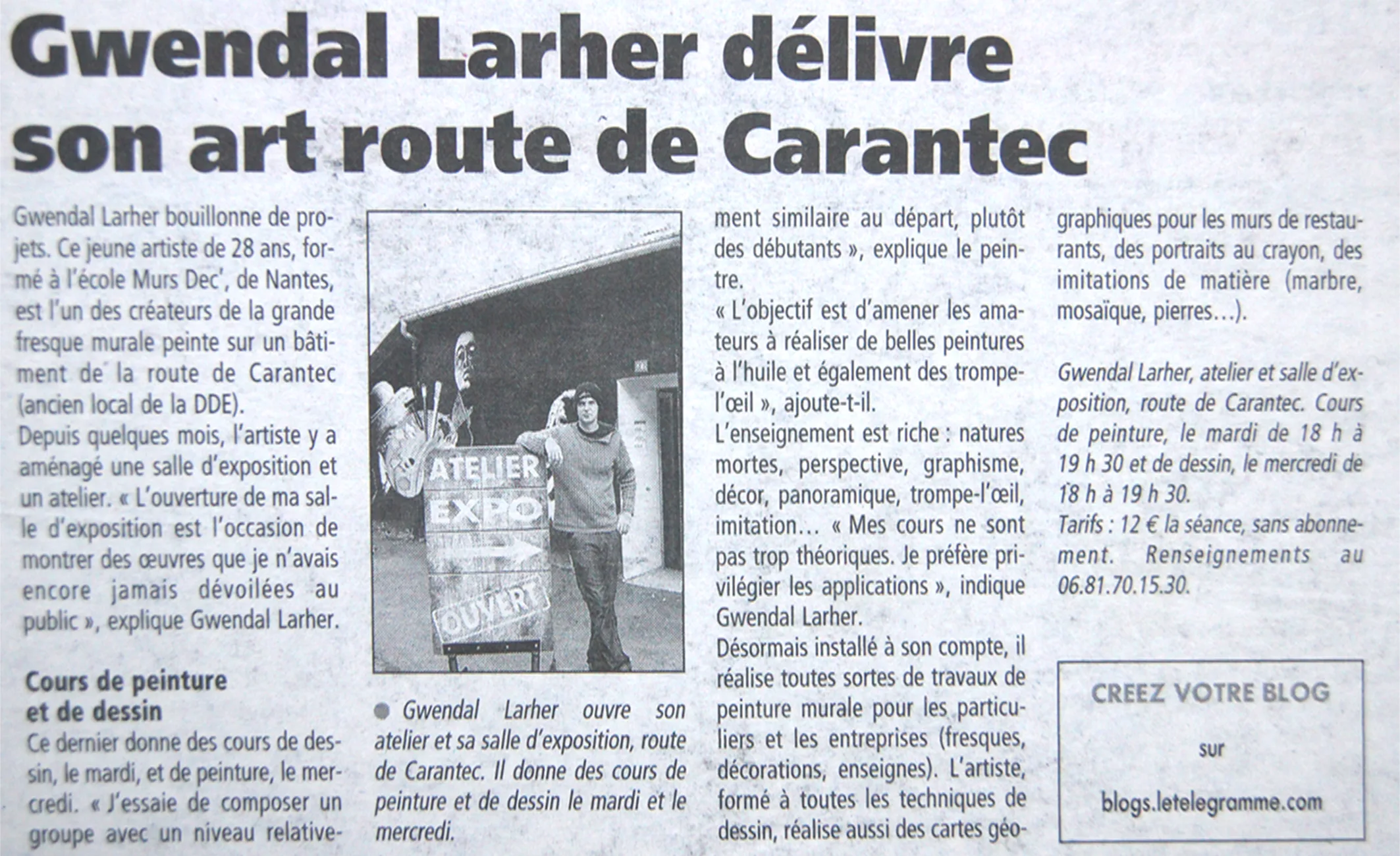 Article « Gwendal Larher délivre son art » route de Carantec, avec photo de l'artiste devant son atelier-exposition.