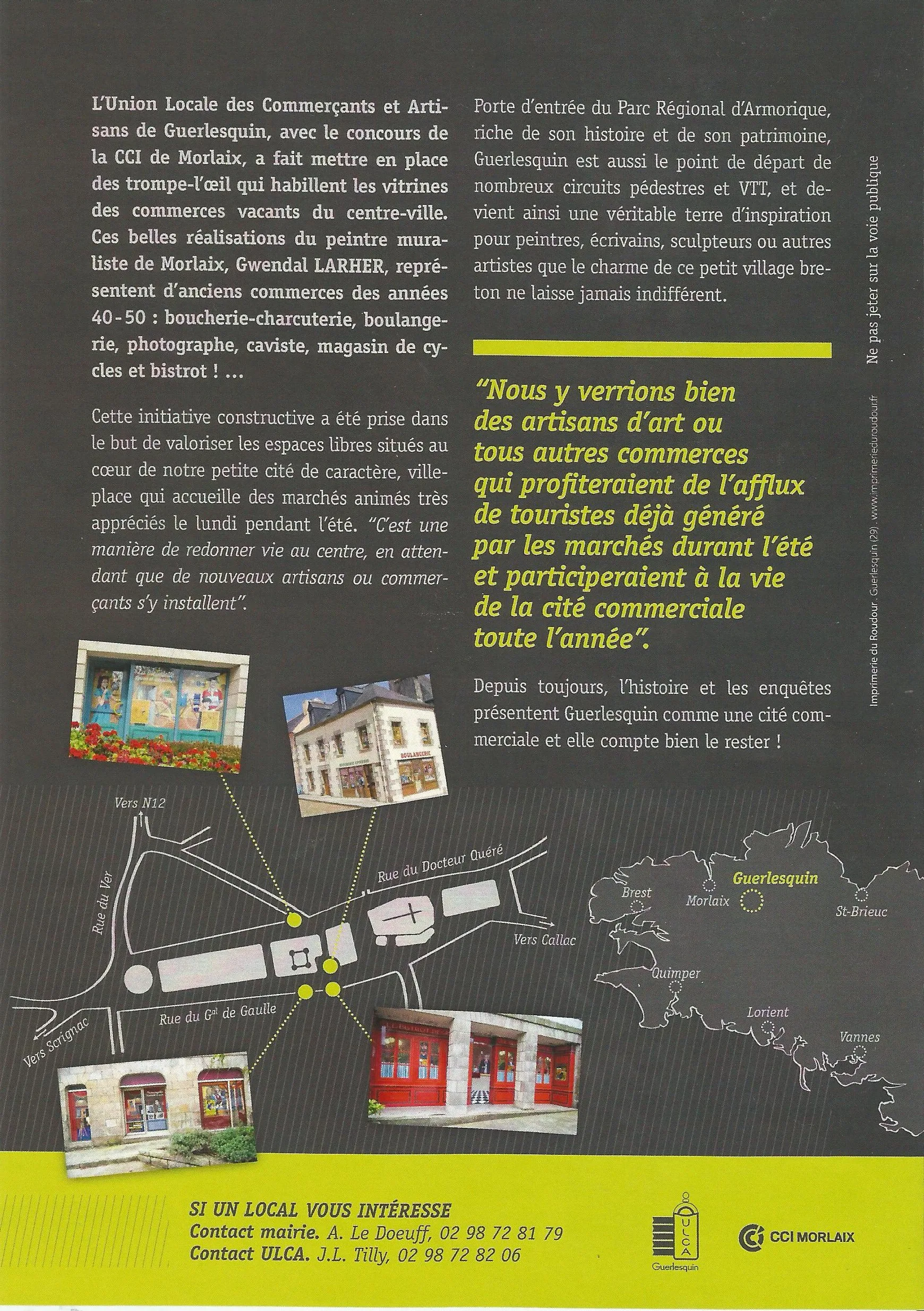 Dos de la brochure de Guerlesquin présentant les vitrines en trompe-l'œil peintes par Gwendal Larher, avec plan du bourg.