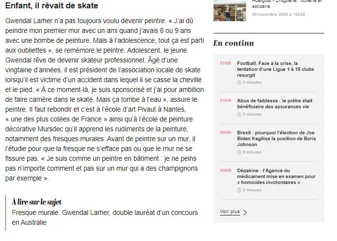 Passage d'un article évoquant l'enfance de Gwendal Larher et sa passion pour le skateboard avant qu'il ne devienne peintre muraliste.