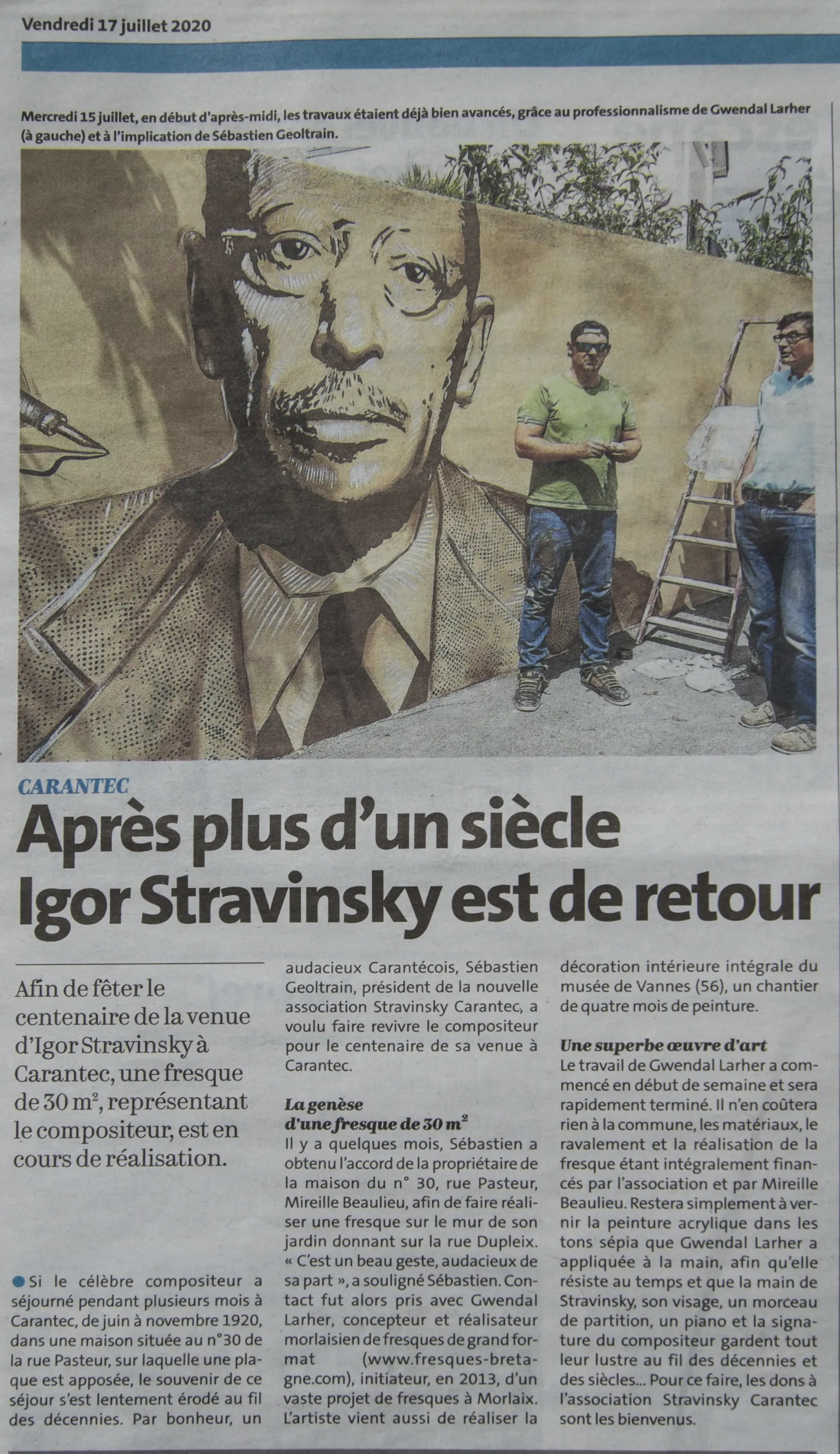 Article sur la fresque en hommage à Igor Stravinsky peinte par Gwendal Larher à Carantec pour le centenaire de son séjour.