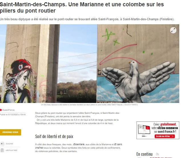 Article de presse sur la fresque d'une Marianne et d'une colombe peintes par Gwendal Larher sur les piliers du pont routier de Saint-Martin-des-Champs.