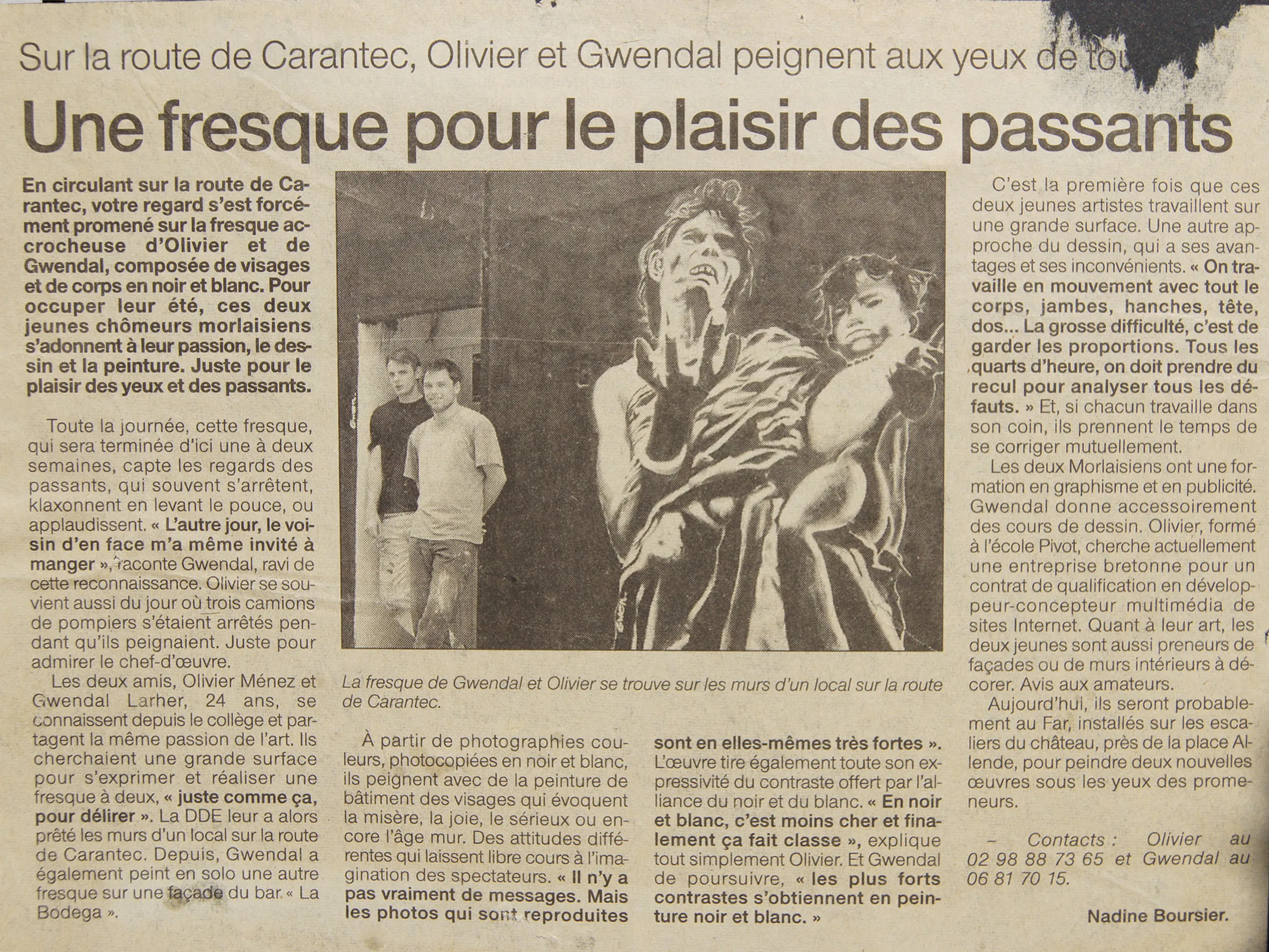 Article « Une fresque pour le plaisir des passants », sur la fresque en noir et blanc peinte par Gwendal Larher et Olivier Ménez route de Carantec.