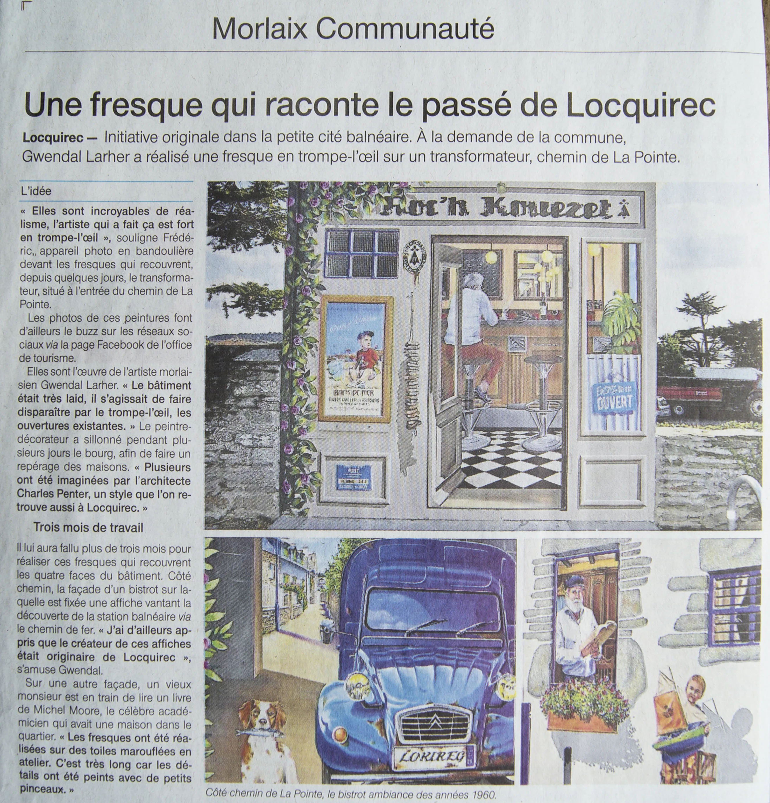 Article « Une fresque qui raconte le passé de Locquirec » sur le trompe-l'œil peint par Gwendal Larher sur un transformateur électrique.