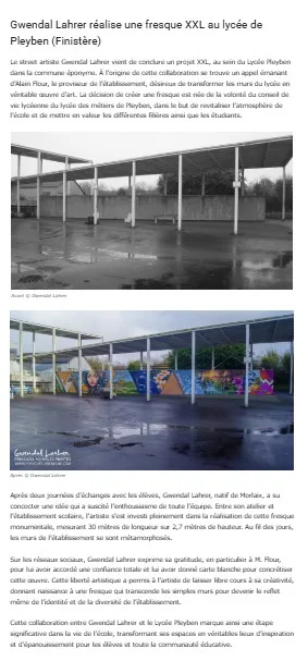 Article sur la fresque XXL peinte par Gwendal Larher au lycée de Pleyben, avec deux photos du mur avant et après son intervention.