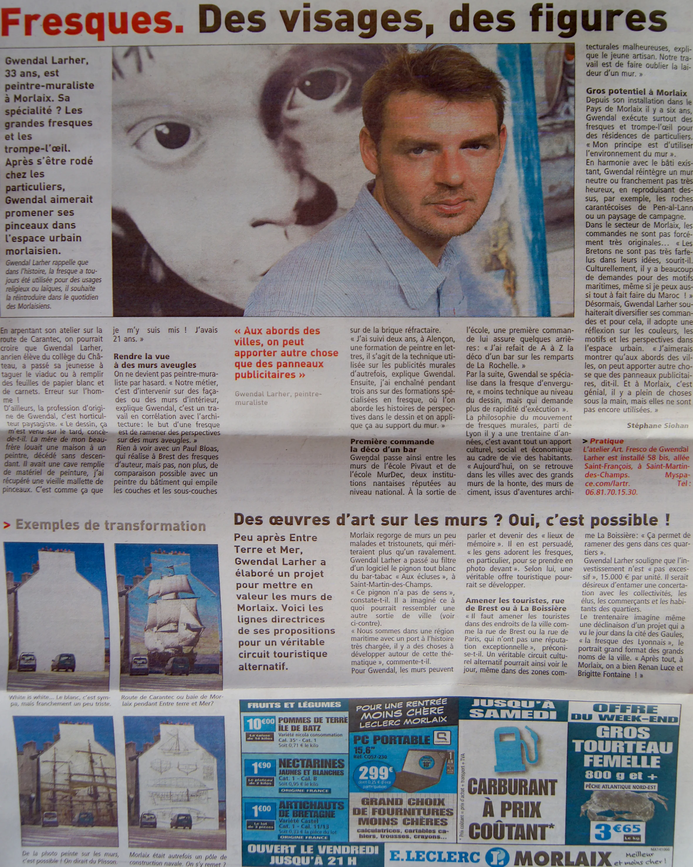 Article « Fresques, des visages, des figures », portrait de Gwendal Larher devant une fresque représentant un visage d'enfant.