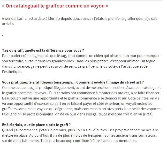 Interview de Gwendal Larher, artiste graffeur à Morlaix, sur l'évolution du graff et son passage à la fresque légale.