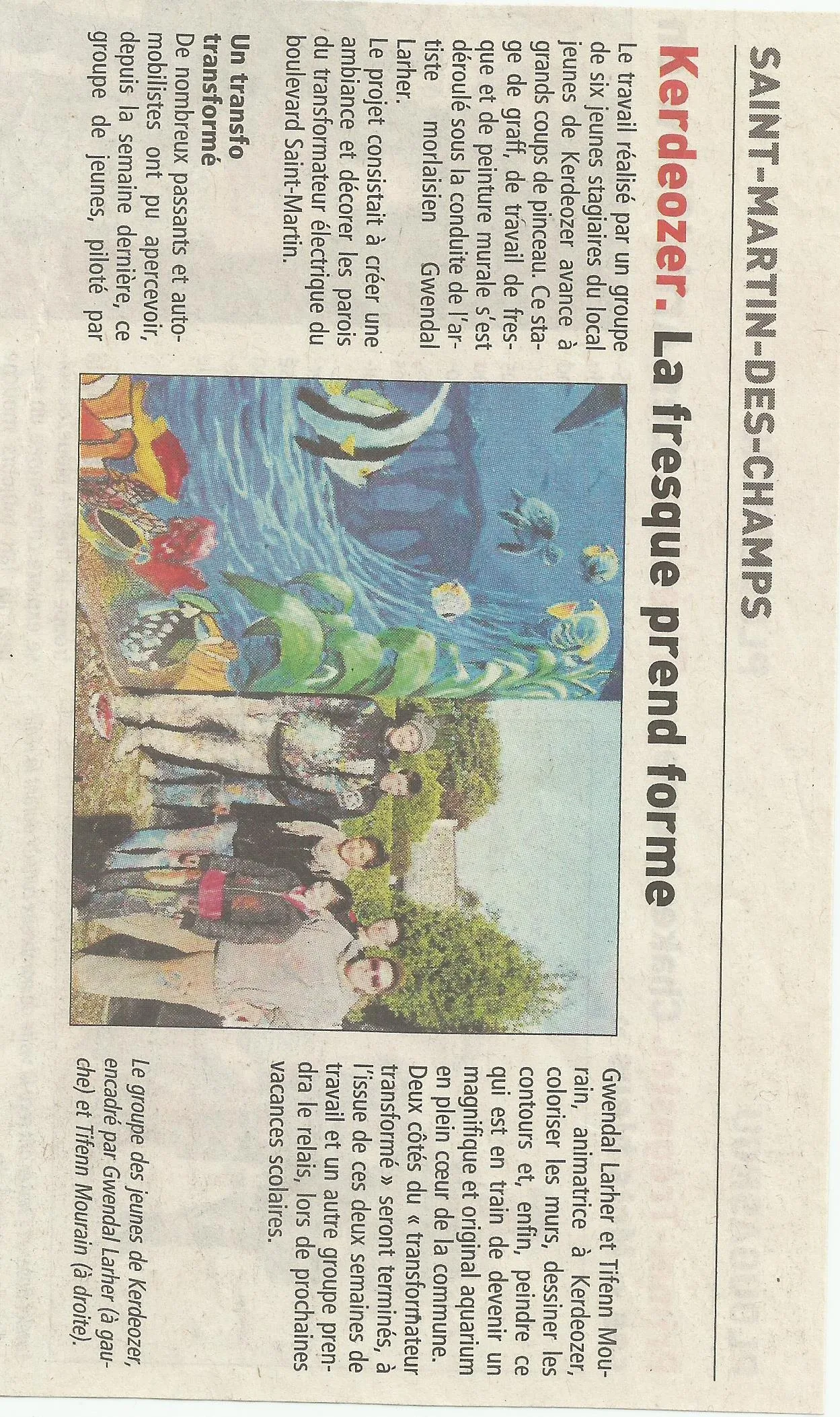 Article « Kerdéozer, la fresque prend forme », sur un atelier de fresque murale animé par Gwendal Larher avec des jeunes du quartier.