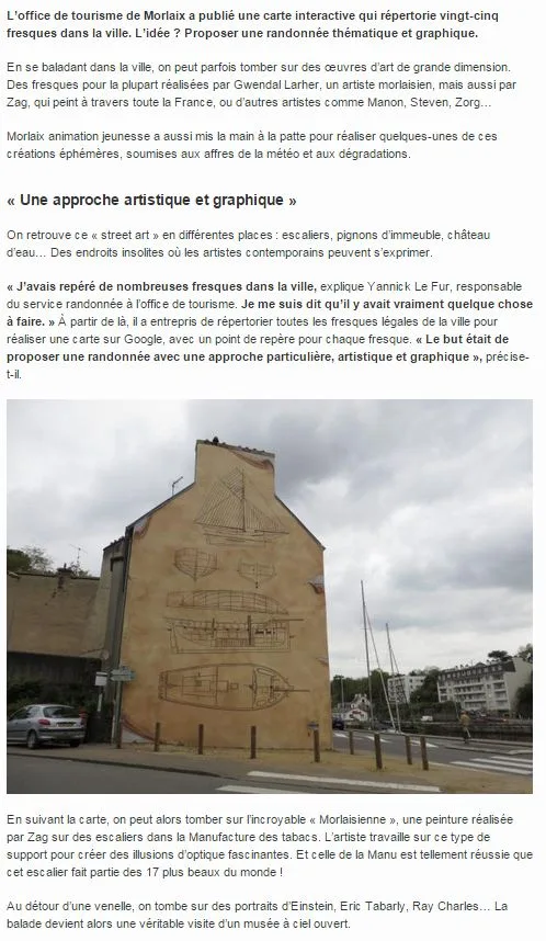 Article en ligne sur les fresques murales de Morlaix, avec la photo d'une fresque nautique réalisée par Gwendal Larher.