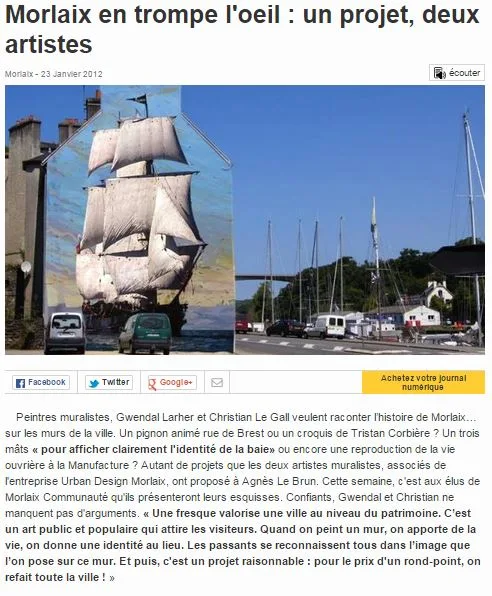 Article en ligne « Morlaix en trompe l'œil, un projet, deux artistes », illustré par une fresque de trois-mâts peinte sur un pignon.