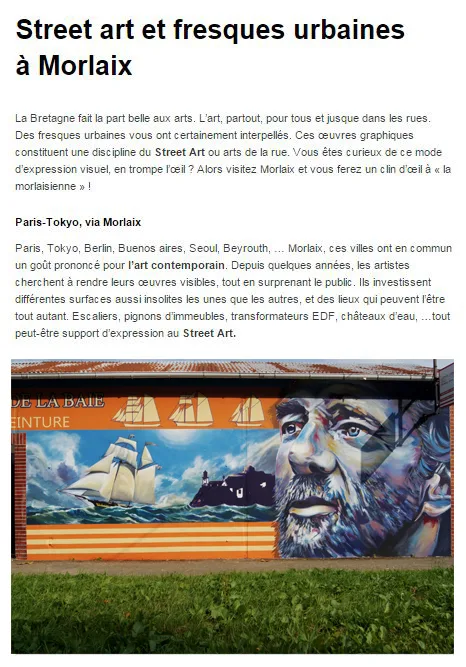 Article en ligne « Street art et fresques urbaines à Morlaix », illustré par une fresque de voilier et de marin peinte par Gwendal Larher.