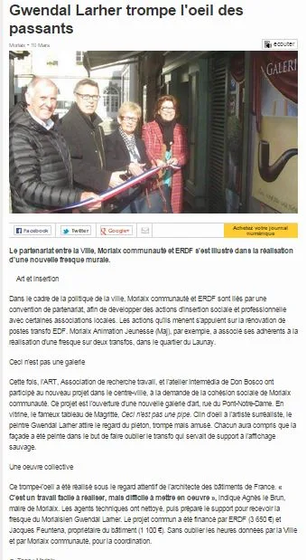 Article en ligne « Gwendal Larher trompe l'œil des passants », photo de l'inauguration du transformateur ErDF peint en trompe-l'œil à Morlaix.